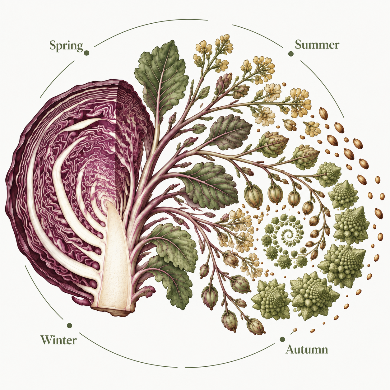 A red cabbage cross-section branching into leaves, flowers, seeds, and spiraling Romanesco-like florets, encircled by the four seasons.